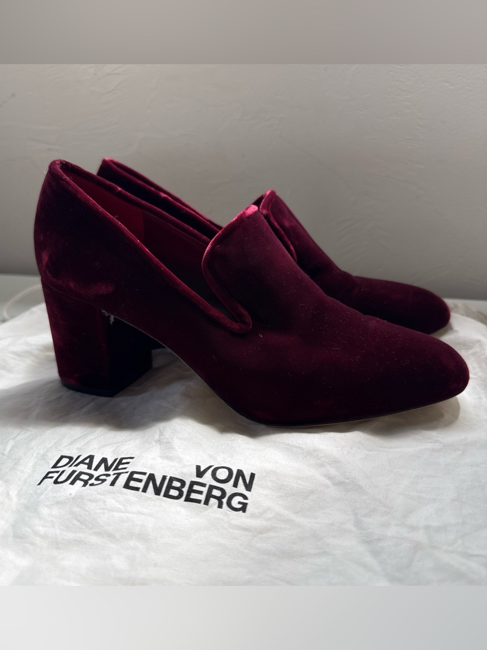 Diane Von Furstenberg Deep Burgundy Velvet Block Heel Loafers